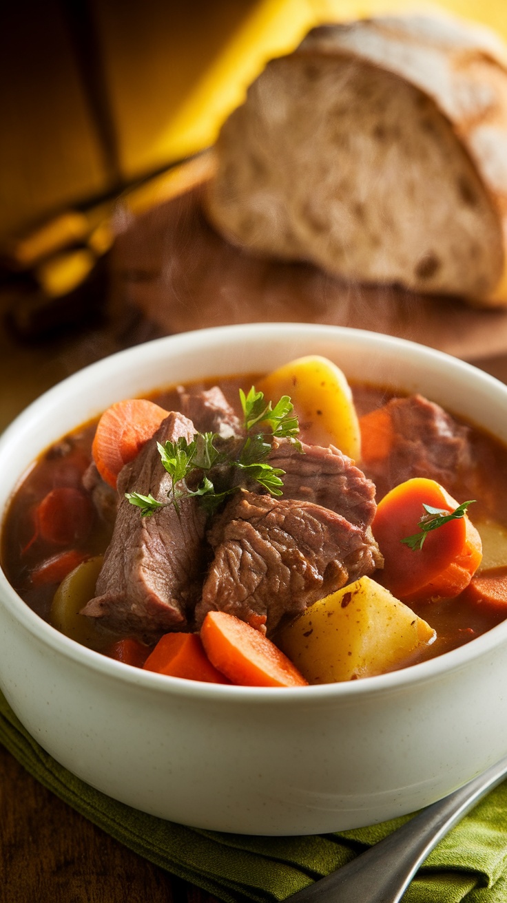 Ultimate Comfort Food: Best Ever Slow Cooker Beef Stew A bowl of hearty beef stew with carrots and potatoes, served with bread on a rustic table.
